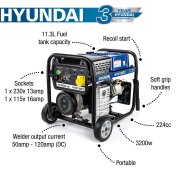 Hyundai HYW130DC  3.2kW / 4kVa Petrol Welder Generator, 120 Amp DC Welder